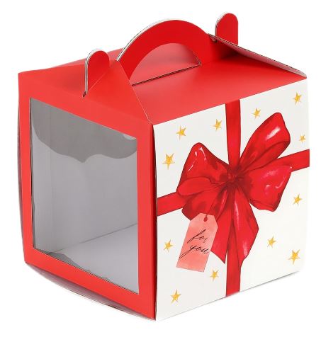 Коробка для торта сундучок 200х200х200 БАНТ, С ОКНОМ И РУЧКАМИ 10508375