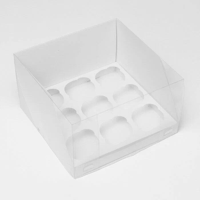 Коробка для 9 капкейков 250х250х100 белая с прозрачной крышкой