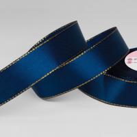 Лента атласная 25мм*25м золотые нити №038 синий