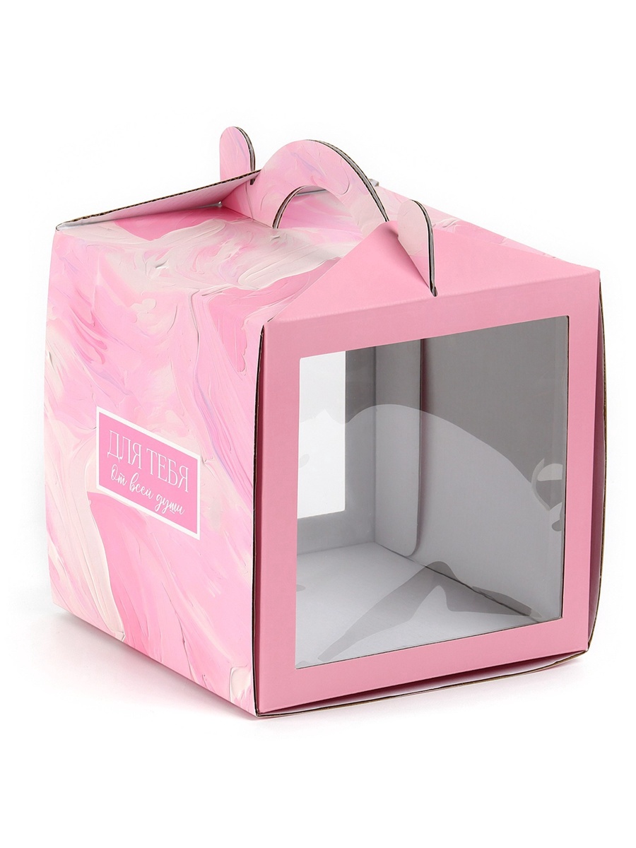 Коробка для торта сундучок 200х200х200 Нежные цветы, С ОКНОМ И РУЧКАМИ 10508373
