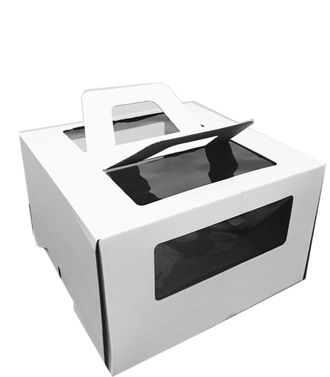 Коробка для торта 240х240х200 белая с окном и ручками