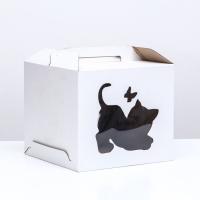 Коробка для торта 350х350х310 СУНДУЧОК С ОКНОМ "КОТЕНОК", С РУЧКАМИ