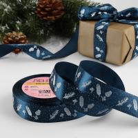 Лента атласная 25мм*25м новогодняя Шишки и Веточки №38 темно-синий 6784851