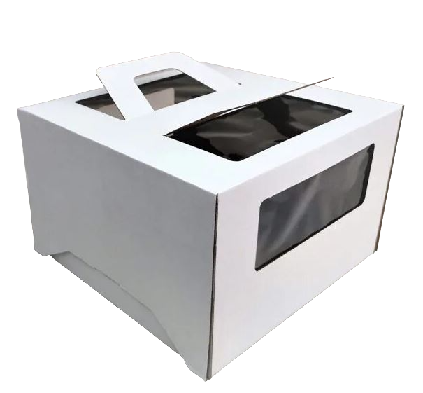 Коробка для торта 240х240х130 белая С ОКНОМ И РУЧКАМИ