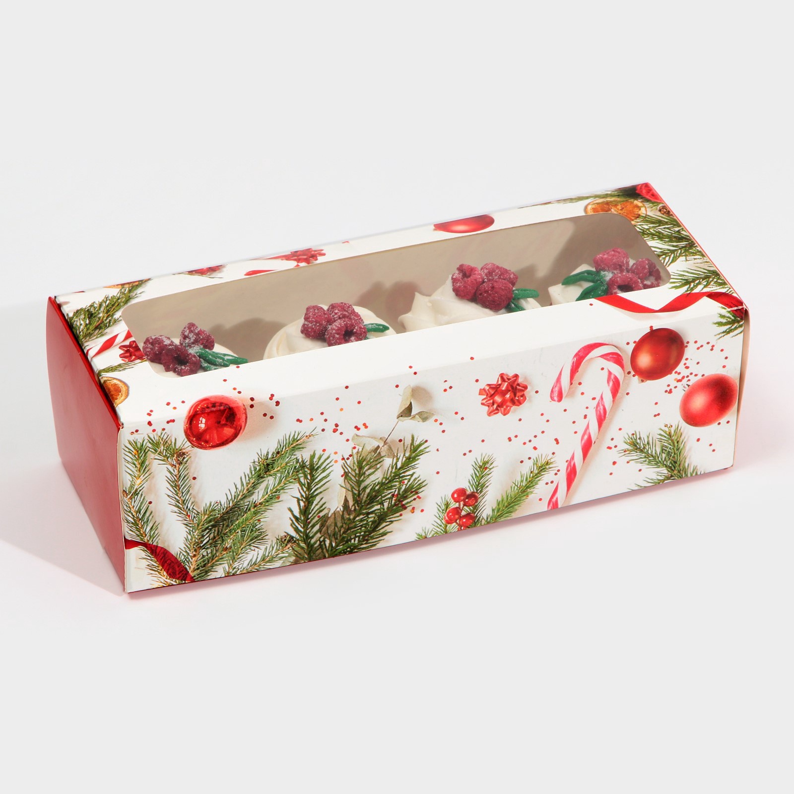 Коробка для рулета/пирожных "Новогодняя классика" 260х100х80 с окном 7666182
