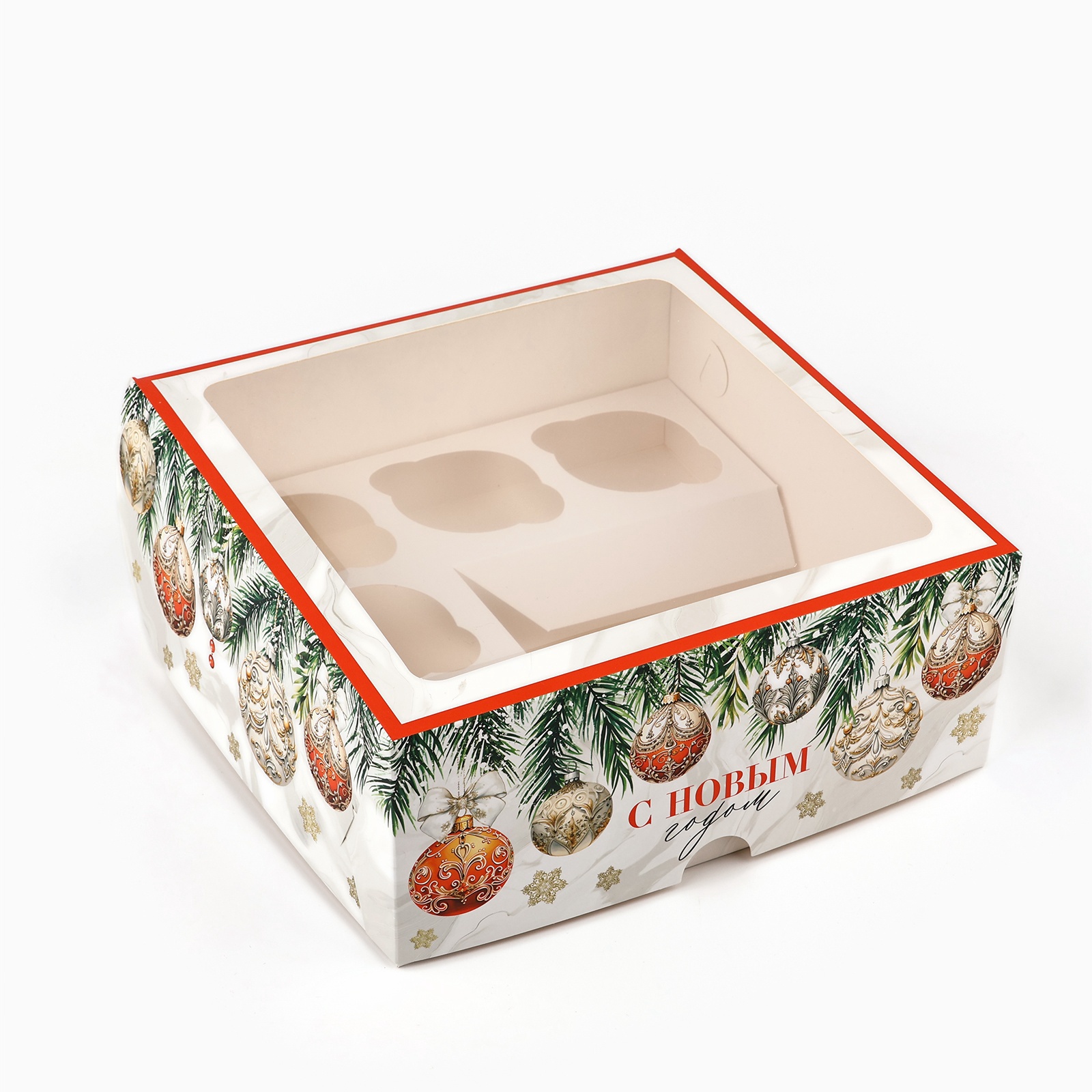 Коробка-бокс бенто торт + 5 капкейков НОВОГОДНЯЯ "С Новым Годом" 250х250х100 10392854