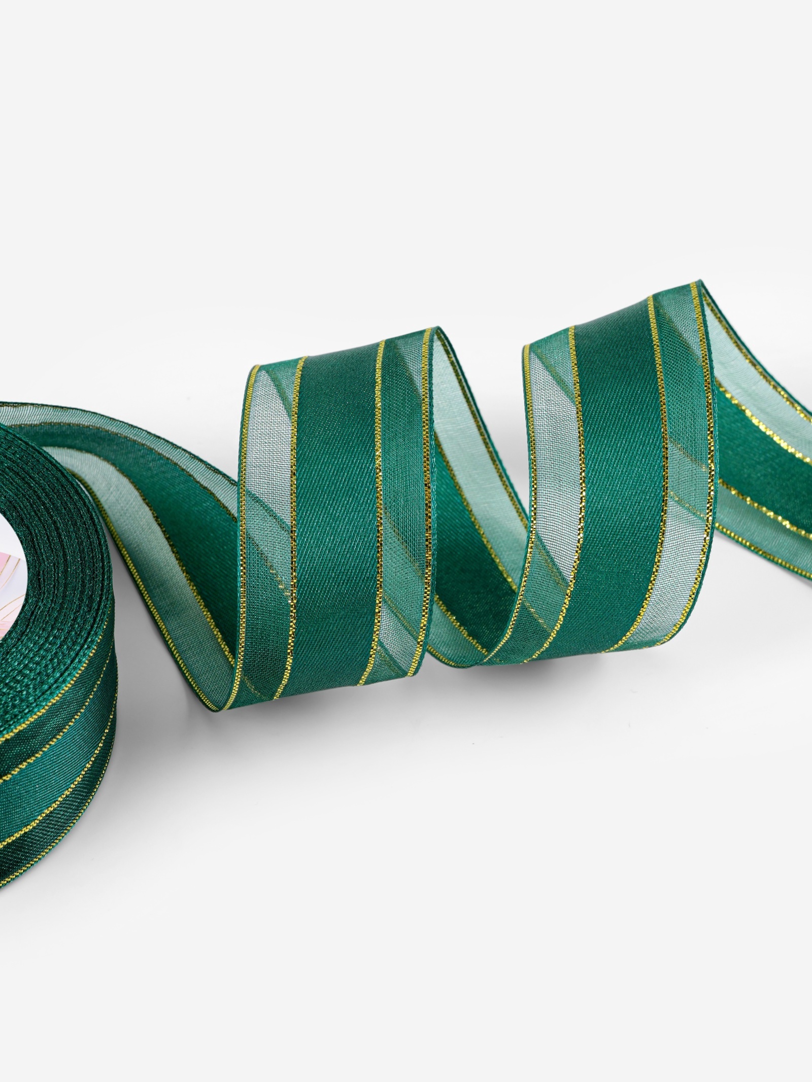 Лента АТЛАСНО-КАПРОНОВАЯ с люрексом 25мм*20м изумрудный/золотой 9119030
