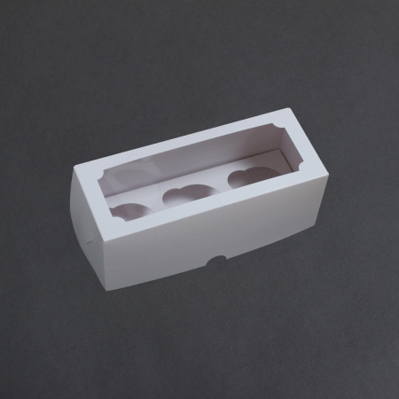 Коробка для 3 капкейков 250х100х100 белая С ОКНОМ