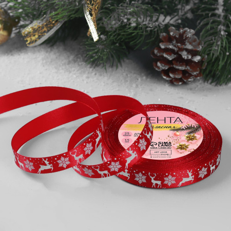 Лента атласная 15мм*25мм новогодняя Олени №33 красный 3557569