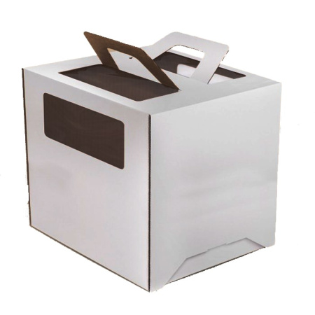 Коробка для торта 220х220х240 белая С ОКНОМ И РУЧКАМИ