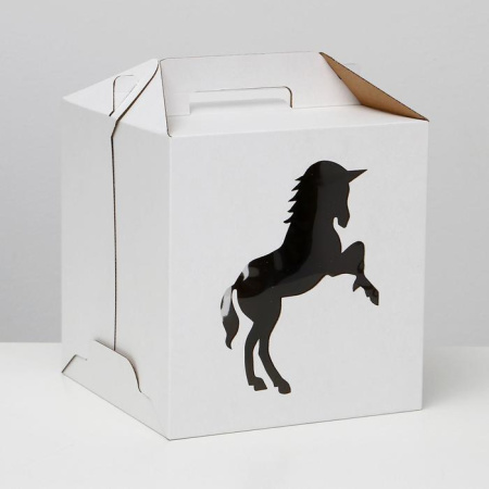 Коробка для торта 260х260х280 СУНДУЧОК, ОКНО "ЕДИНОРОГ", С РУЧКАМИ