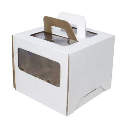 Коробка для торта 240х240х260 белая С ОКНОМ И РУЧКАМИ