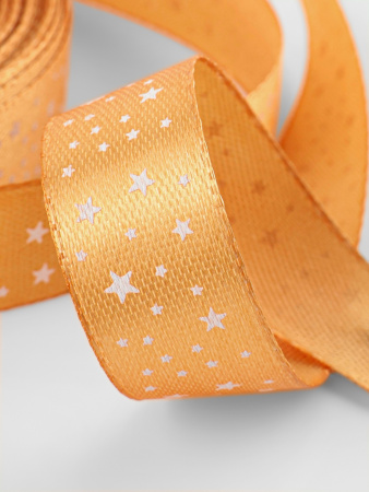 Лента  НОВОГОДНЯЯ атласная 15мм*25м Бежевая Звезды №097 1902820