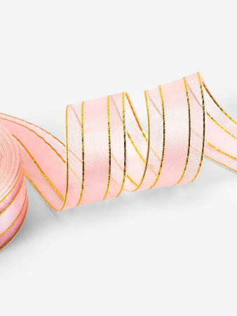 Лента АТЛАСНО-КАПРОНОВАЯ с люрексом 25мм*20м розовый/золотой 9119028