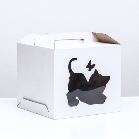 Коробка для торта 350х350х310 СУНДУЧОК С ОКНОМ "КОТЕНОК", С РУЧКАМИ