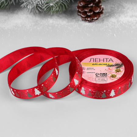 Лента новогодняя атласная 15мм*25м Елки №33 красный