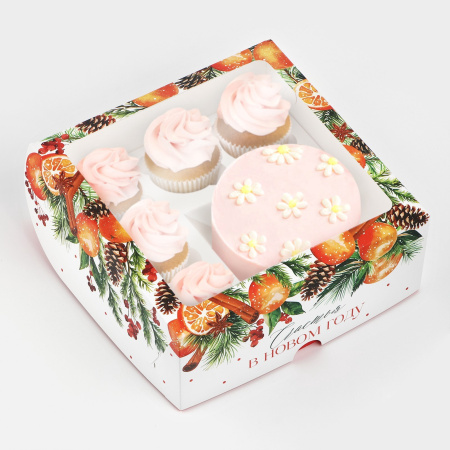 Коробка-бокс бенто торт + 5 капкейков НОВОГОДНЯЯ "Счастья в Новом году" 250х250х100 10392851