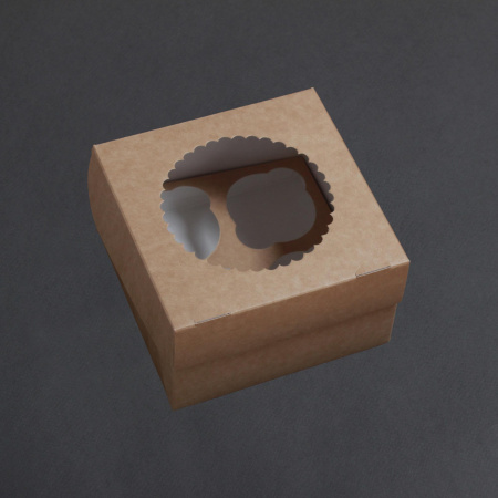 Коробка для 4 капкейков 160х160х100 крафт С ОКНОМ