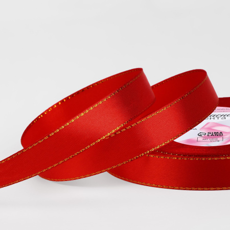 Лента атласная 15мм*25м золотые нити №026 красный 1902794