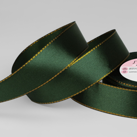 Лента атласная 25мм*25м золотые нити №049 зеленый