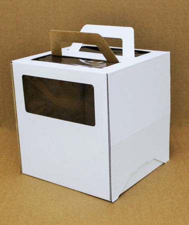 Коробка для торта 280х280х300 белая С ОКНОМ И РУЧКАМИ