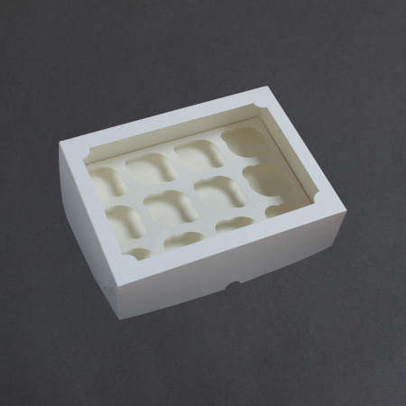 Коробка для 12 капкейков 350х250х100 белая С ОКНОМ