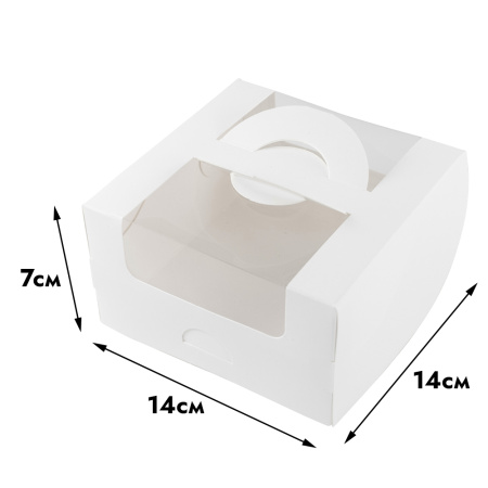 Коробка для бенто-тортов 140х140х80 белая, С ОКНОМ и РУЧКАМИ