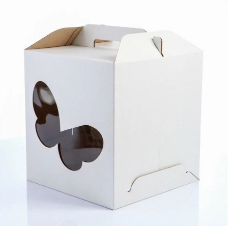 Коробка для торта 280х280х300 СУНДУЧОК, ОКНО "БАБОЧКА", С РУЧКАМИ