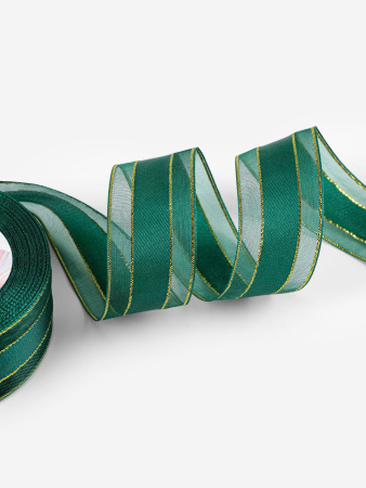 Лента АТЛАСНО-КАПРОНОВАЯ с люрексом 25мм*20м изумрудный/золотой 9119030